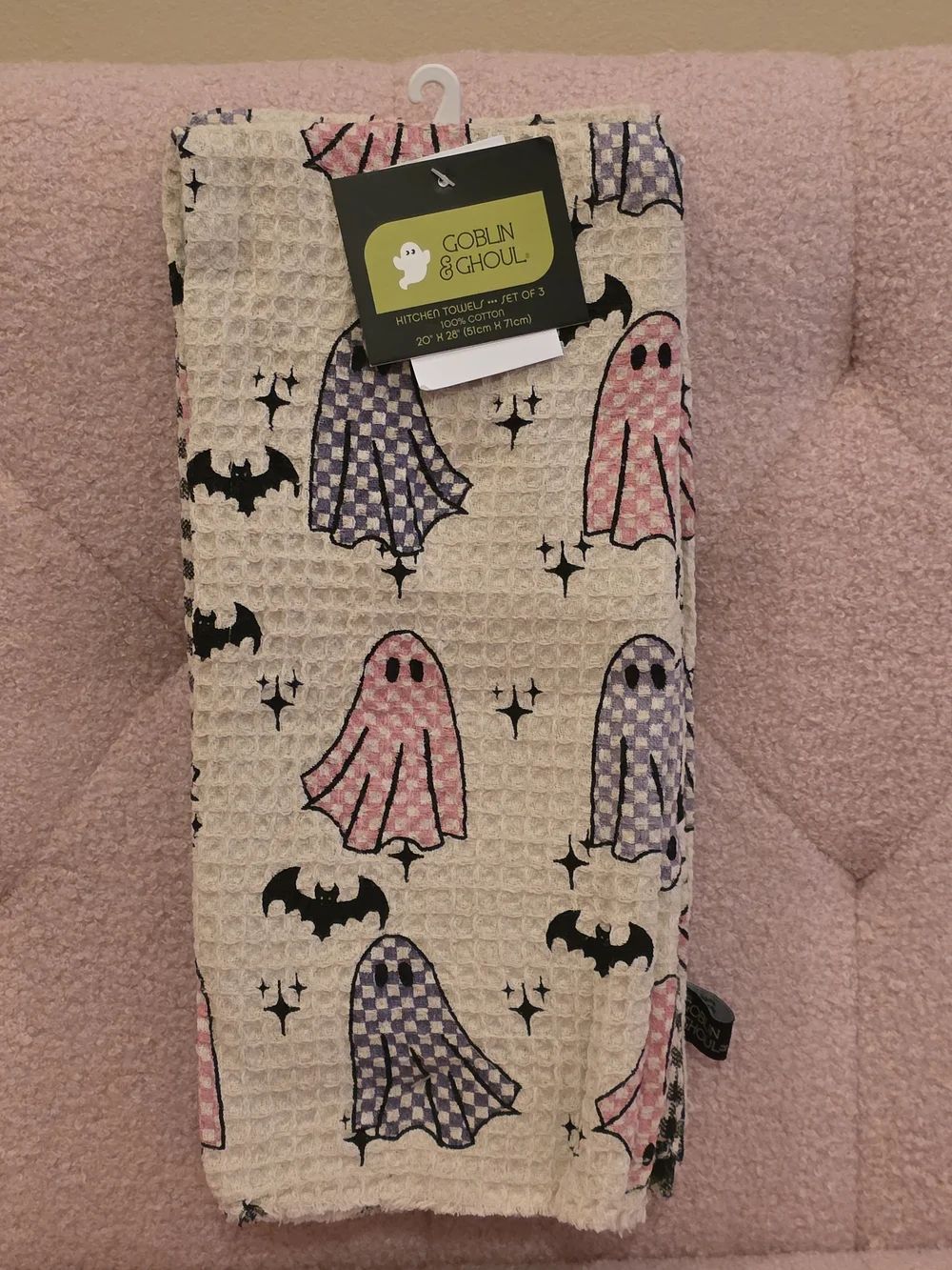 Goblin & Ghoul branded waffle weave Ghost And Bats kitchen towels
